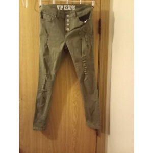 VIP Girl’s Jeans Size 7/8 Reg Army Olive Green Distressed Straight Leg School